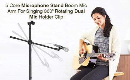 360 Degree Rotating + Dual Mic - MS DBL 5 Core Tripod Mic Stand Floor Boom Arm Holder Microphone Stands