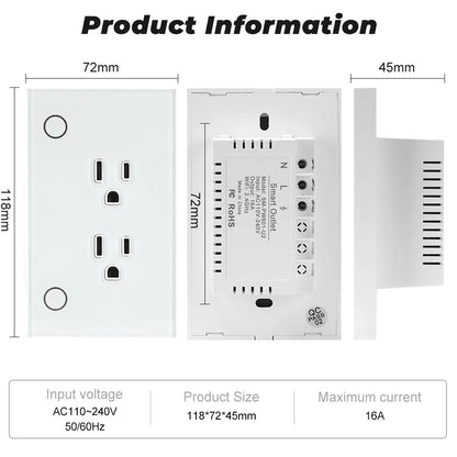 Melery Zigbee Tuya Smart US Electrical Plug 16A Wall Socket Tempered Glass Panel Outlet Timing smart Life App Google Home Alexa