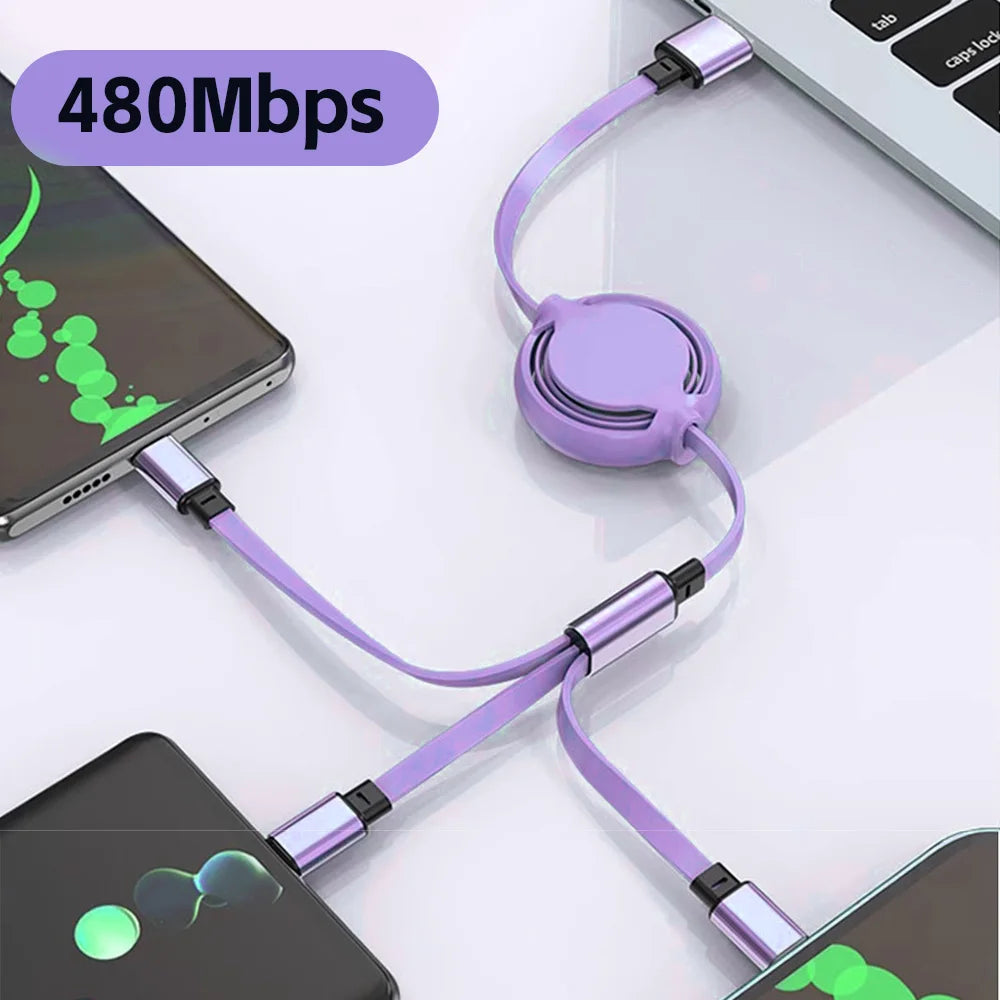 2 PCS 3 in 1 USB Cable Fast Charging Data Cord for Iphone Samsung Huawei Xiaomi Retractable Multi Port Multiple Charging Wire