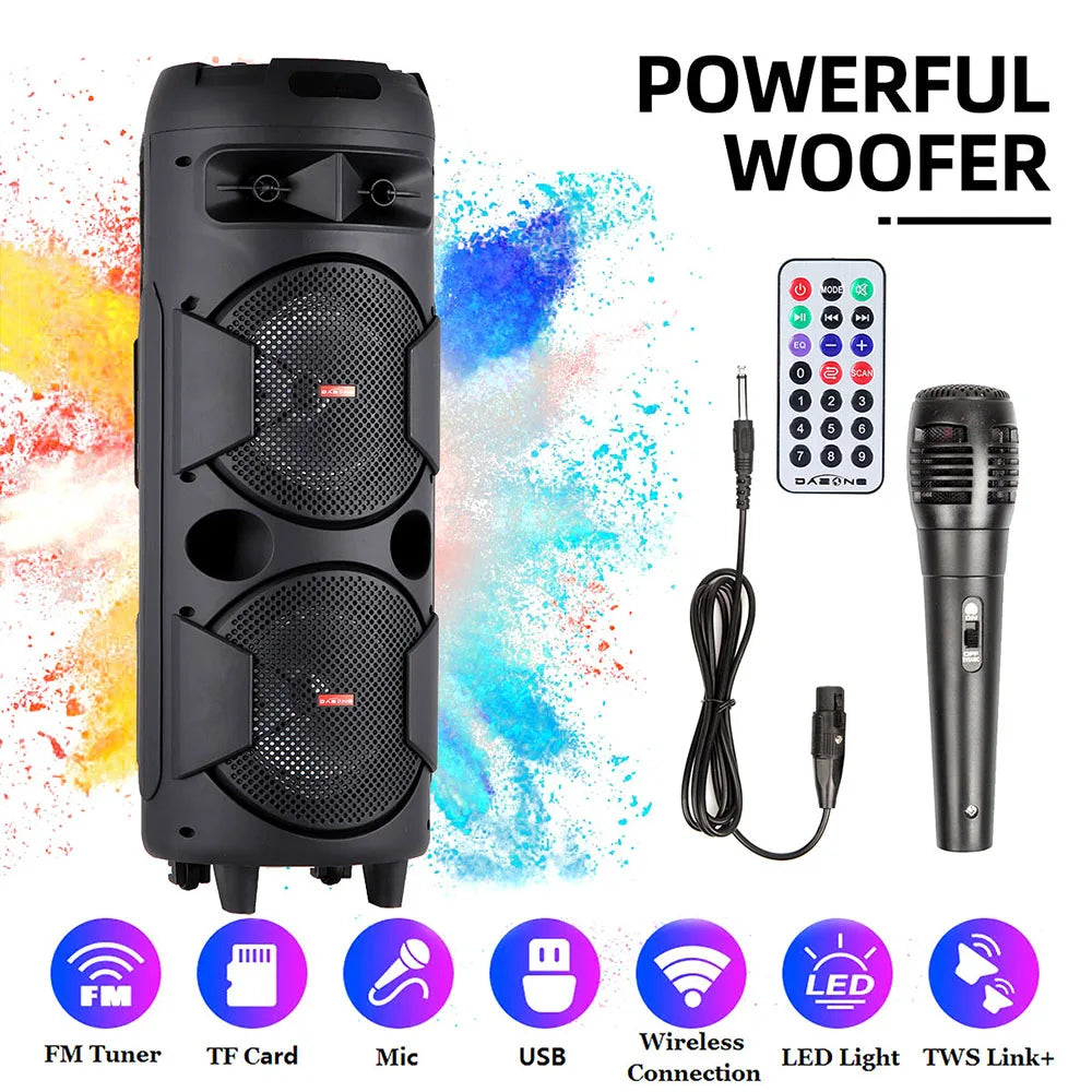 5000W Portable Bluetooth Speaker Subwoofer Heavy Bass Sound System Party with Microphone and Remote Dual 8"RGB Light