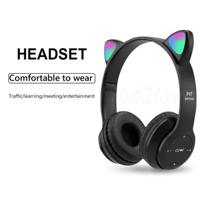 Wireless Headphones Cat Ear Gaming Headset Glow Light Bluetooth-Compatible Helmets Cute Over-Ear Headsets for Kids and Adult