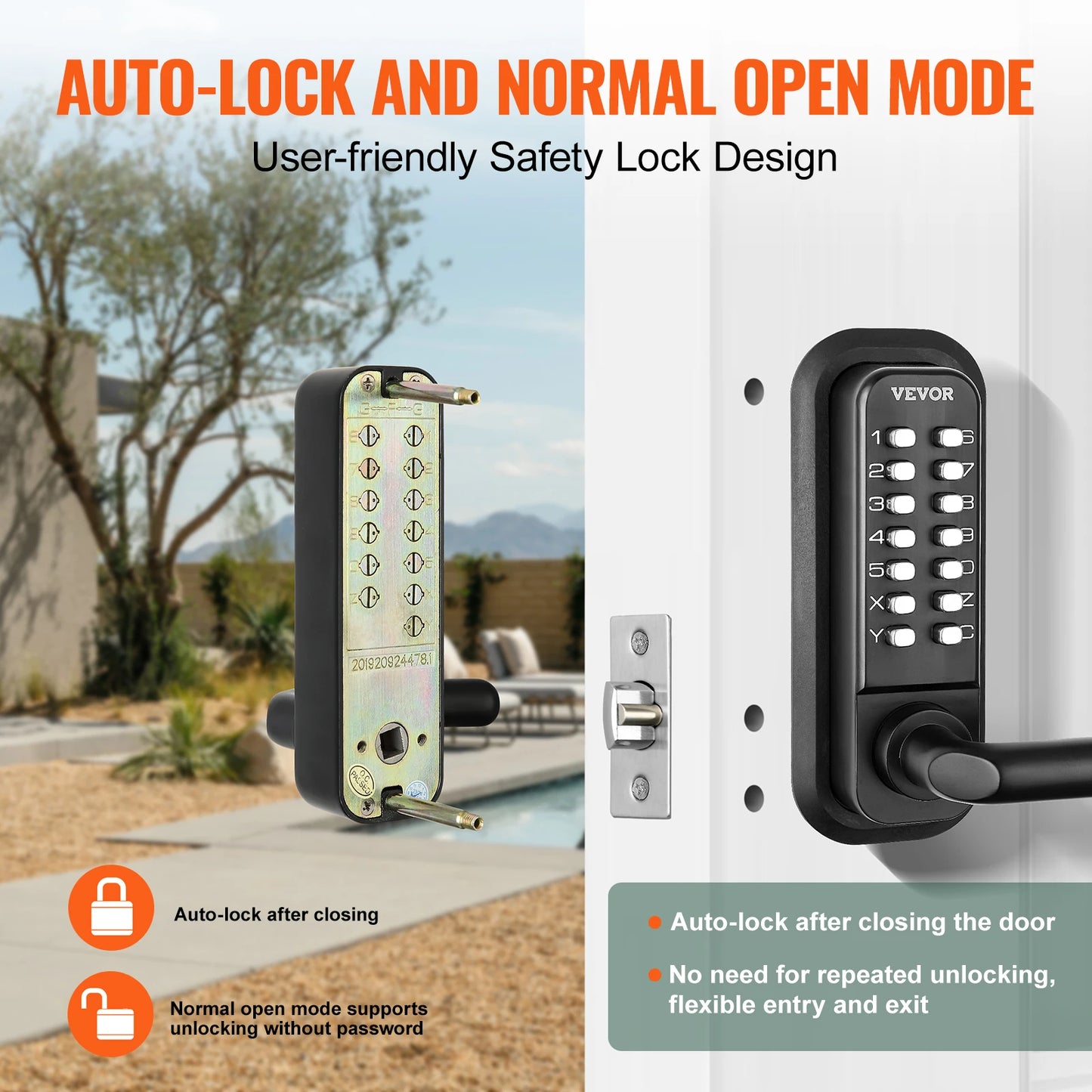 VEVOR Mechanical Keyless Entry Door Lock Single/Double -Sided 14 Digit Keypad and Handle Embedded