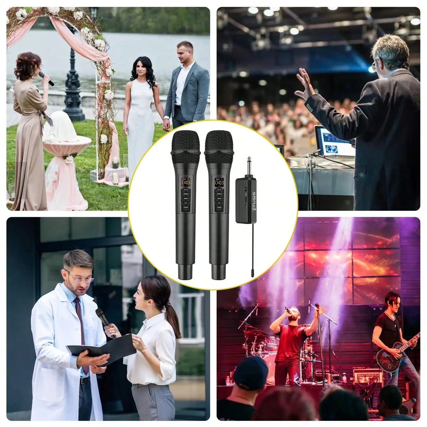 Wireless Microphone Dual UHF Cordless Handheld Dynamic Mic System Set Receiver with Rechargeable Receiver for Karaoke Machines