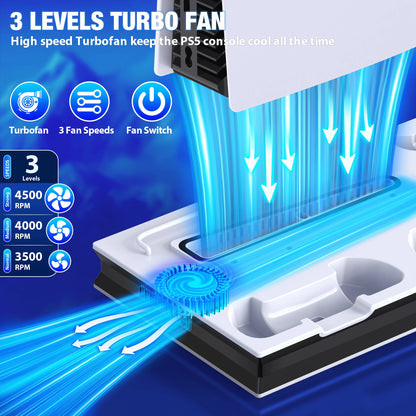 PS5 Stand and Cooling Station with Controller Charging Station for Playsation 5 Slim/PS5 Media Slot for PS5 Disc/Digital Console