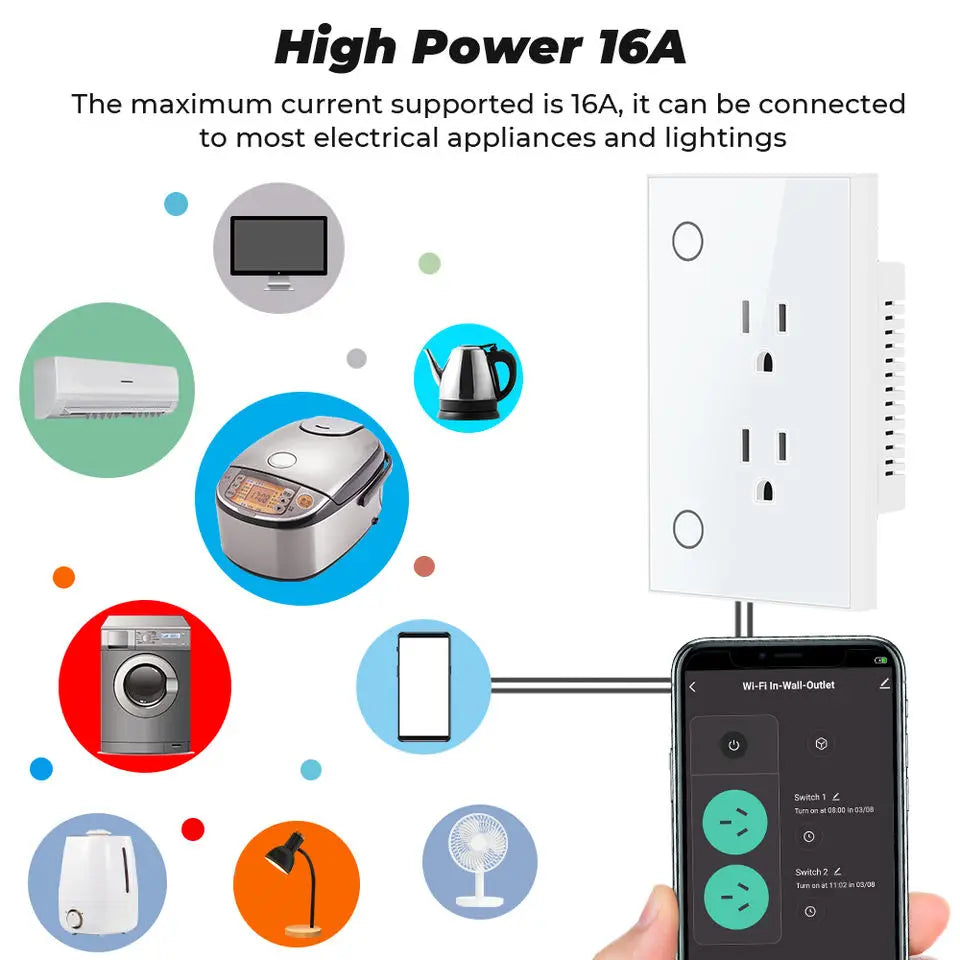 Melery Zigbee Tuya Smart US Electrical Plug 16A Wall Socket Tempered Glass Panel Outlet Timing smart Life App Google Home Alexa