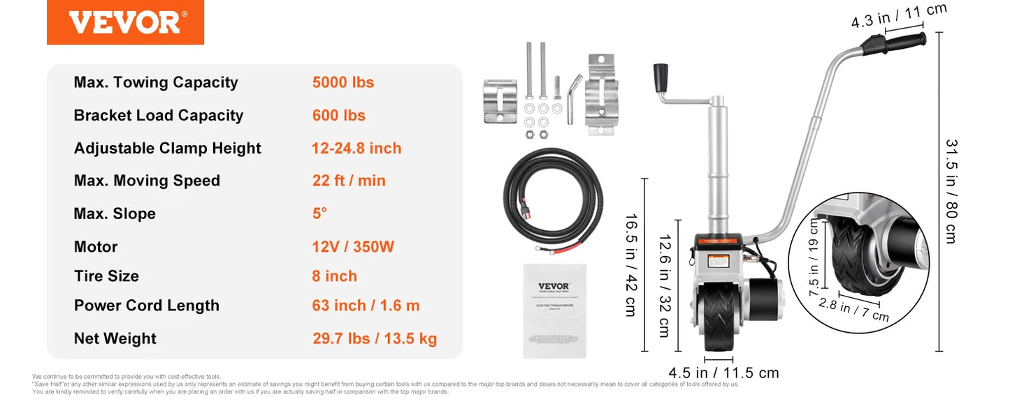 VEVOR 350W12V Trailer Mover 5000lbs Electric Motorised Jockey Wheels Jack Dolly Boat Automatic Rubber Wheel Trailer Jockey Wheel