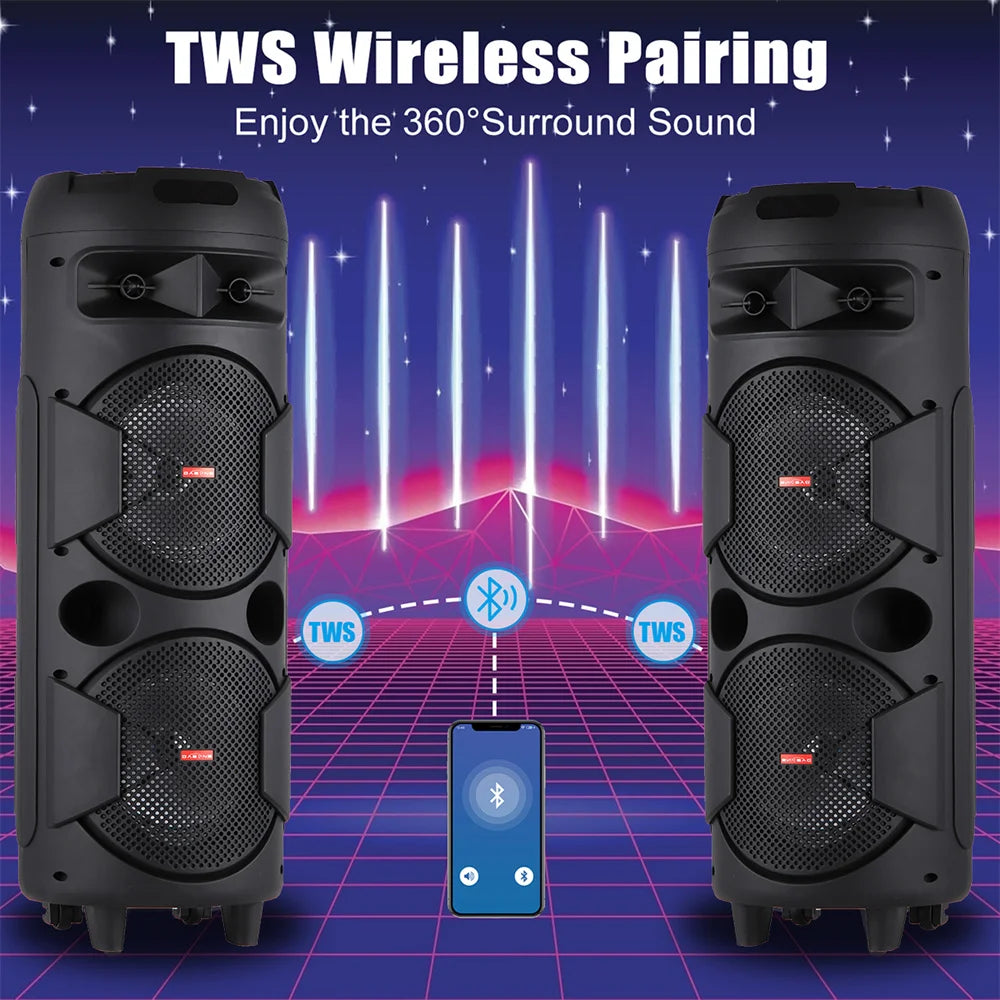 5000W Portable Bluetooth Speaker Subwoofer Heavy Bass Sound System Party with Microphone and Remote Dual 8"RGB Light