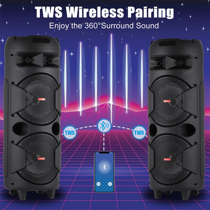 5000W Portable Bluetooth Speaker Subwoofer Heavy Bass Sound System Party with Microphone and Remote Dual 8"RGB Light