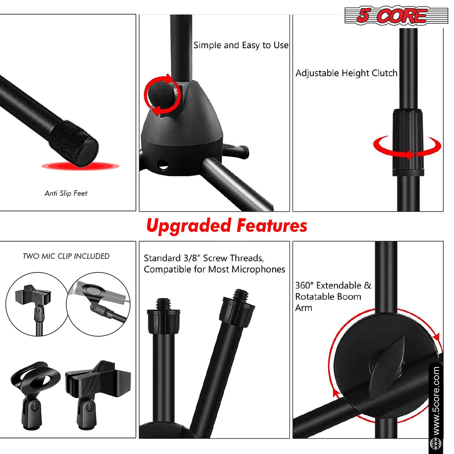 360 Degree Rotating + Dual Mic - MS DBL 5 Core Tripod Mic Stand Floor Boom Arm Holder Microphone Stands