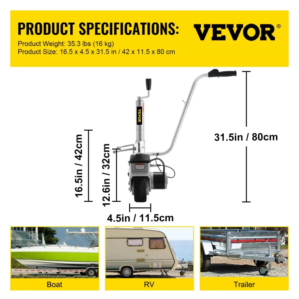 VEVOR 350W12V Trailer Mover 5000lbs Electric Motorised Jockey Wheels Jack Dolly Boat Automatic Rubber Wheel Trailer Jockey Wheel