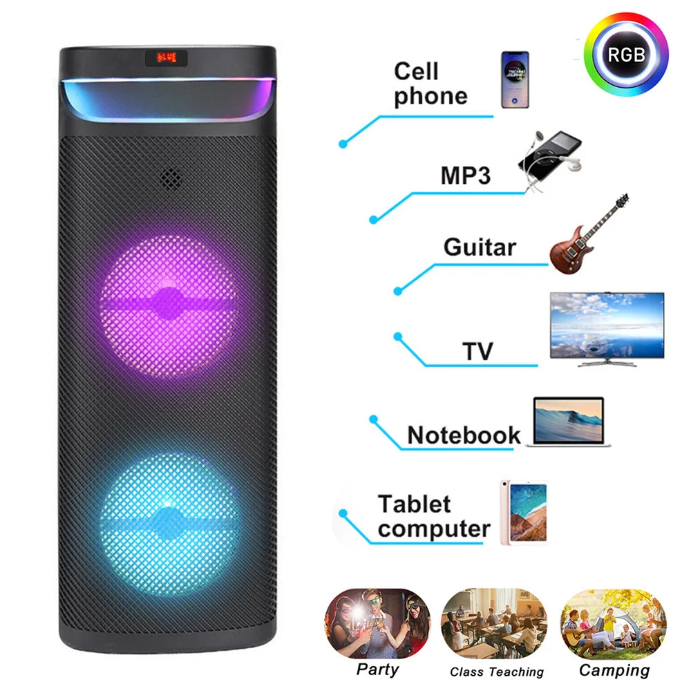 3000W Dual 10" Portable Bluetooth Party Speaker Subwoofer Heavy Bass Sound System DJ karaoke Speaker Led Light  with Microphone