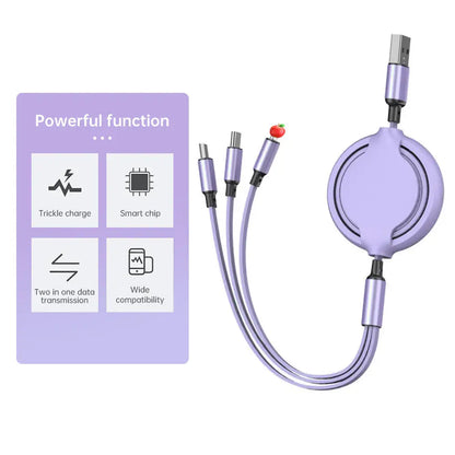 2 PCS 3 in 1 USB Cable Fast Charging Data Cord for Iphone Samsung Huawei Xiaomi Retractable Multi Port Multiple Charging Wire