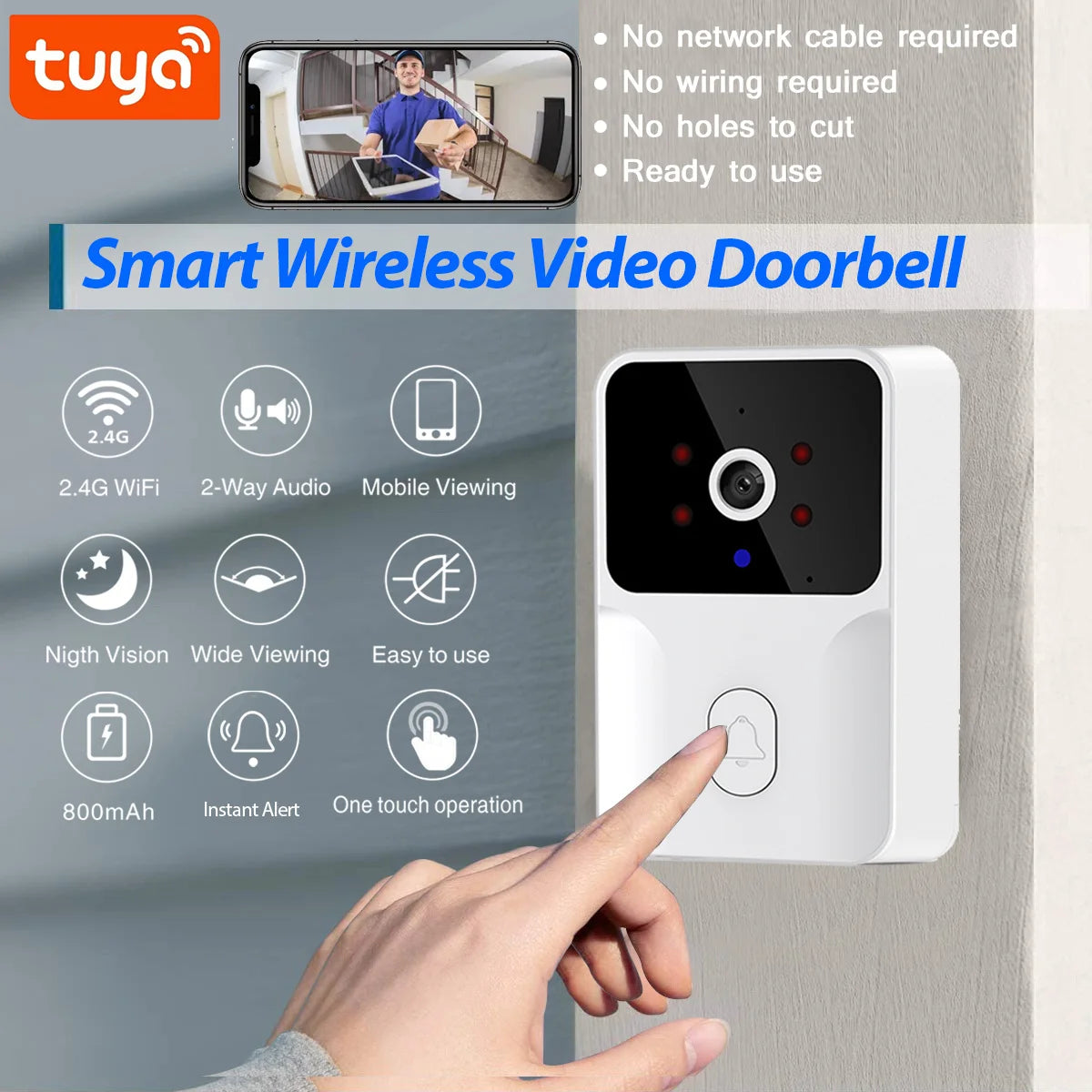 Tuya Smart Video Doorbell Camera HD Wireless doorbell for Home Security, Night Vision, Voice Change, 2-Way Audio, Waterproof