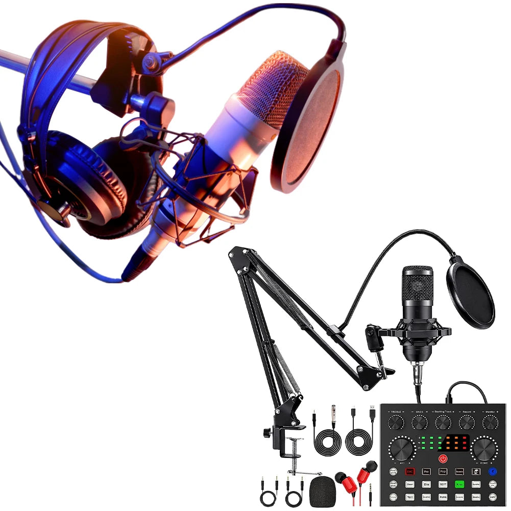 BM800 V8s Podcast Sound Card Set Professional Audio Condenser Mic Studio Microphone for Karaoke Podcast Recording Live Streaming