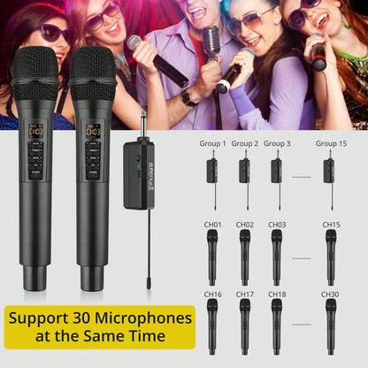 Wireless Microphone Dual UHF Cordless Handheld Dynamic Mic System Set Receiver with Rechargeable Receiver for Karaoke Machines