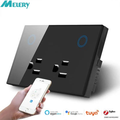 Melery Zigbee Tuya Smart US Electrical Plug 16A Wall Socket Tempered Glass Panel Outlet Timing smart Life App Google Home Alexa