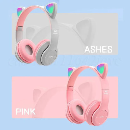 Wireless Headphones Cat Ear Gaming Headset Glow Light Bluetooth-Compatible Helmets Cute Over-Ear Headsets for Kids and Adult