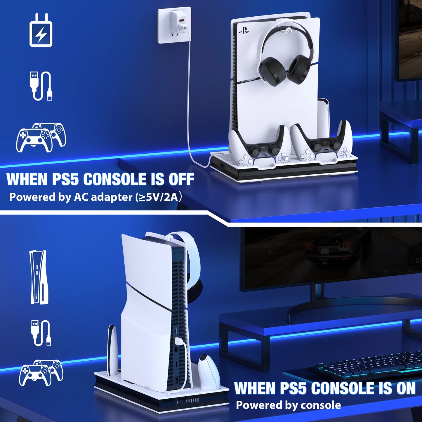 PS5 Stand and Cooling Station with Controller Charging Station for Playsation 5 Slim/PS5 Media Slot for PS5 Disc/Digital Console