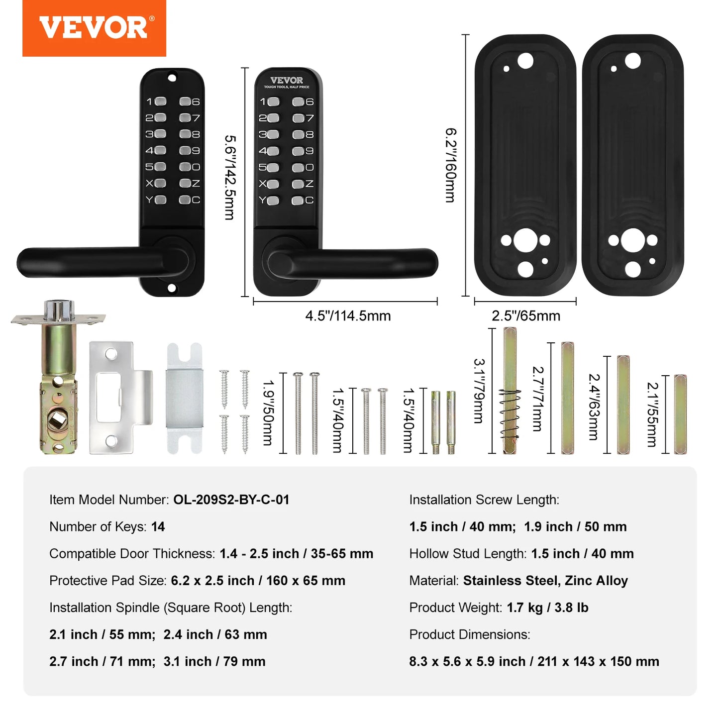 VEVOR Mechanical Keyless Entry Door Lock Single/Double -Sided 14 Digit Keypad and Handle Embedded