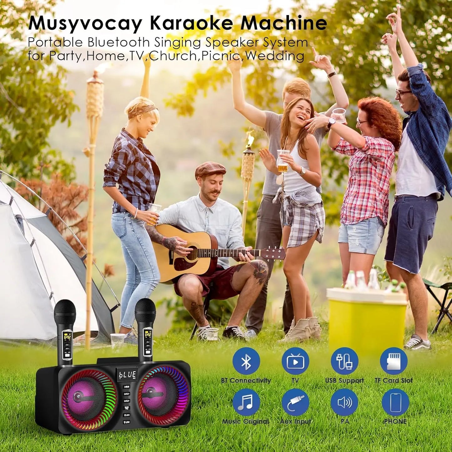 Karaoke Machine for Kids Adults, Portable Bluetooth Speaker with 9 Modes LED Lights,Lyric Display&2 UHF Wireless Microphones