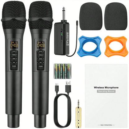 Wireless Microphone Dual UHF Cordless Handheld Dynamic Mic System Set Receiver with Rechargeable Receiver for Karaoke Machines