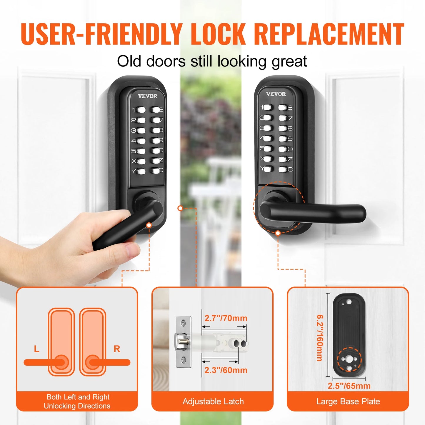 VEVOR Mechanical Keyless Entry Door Lock Single/Double -Sided 14 Digit Keypad and Handle Embedded