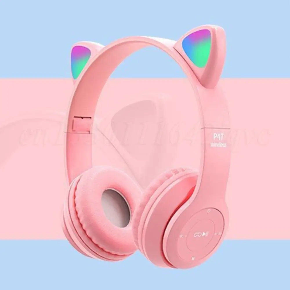 Wireless Headphones Cat Ear Gaming Headset Glow Light Bluetooth-Compatible Helmets Cute Over-Ear Headsets for Kids and Adult