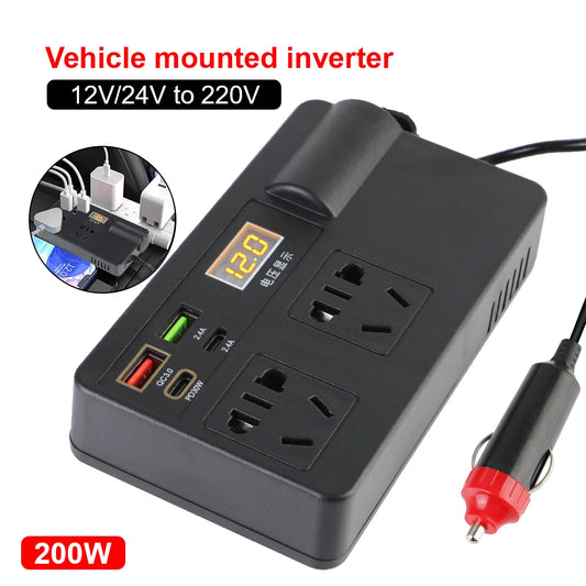 Car Inverter USB/PD/Type-C Chargers Power Adapter QC 3.0 ON/OFF Switch 200W Voltage Detection DC 12V/24V to AC 220V Converter