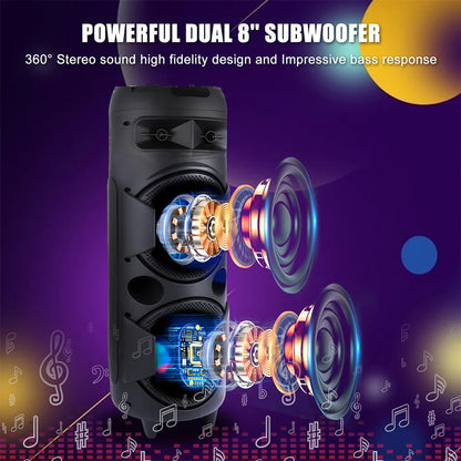 5000W Portable Bluetooth Speaker Subwoofer Heavy Bass Sound System Party with Microphone and Remote Dual 8"RGB Light