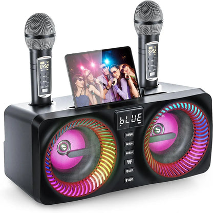 Karaoke Machine for Kids Adults, Portable Bluetooth Speaker with 9 Modes LED Lights,Lyric Display&2 UHF Wireless Microphones