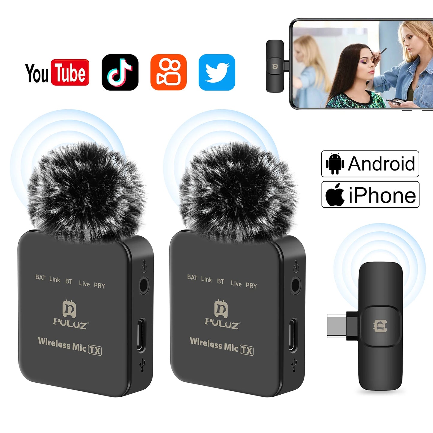 PULUZ Wireless Lavalier Lapel Condenser Microphone for iPhone Type C Android Smartphone Camera PC Gaming YouTube Broadcast Vlog