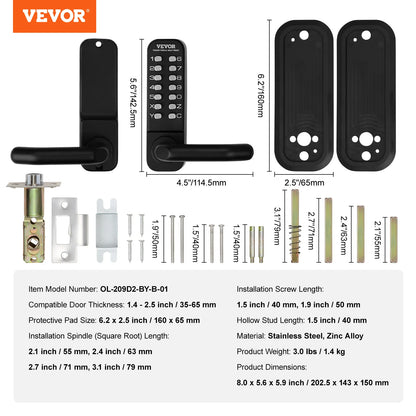 VEVOR Mechanical Keyless Entry Door Lock Single/Double -Sided 14 Digit Keypad and Handle Embedded