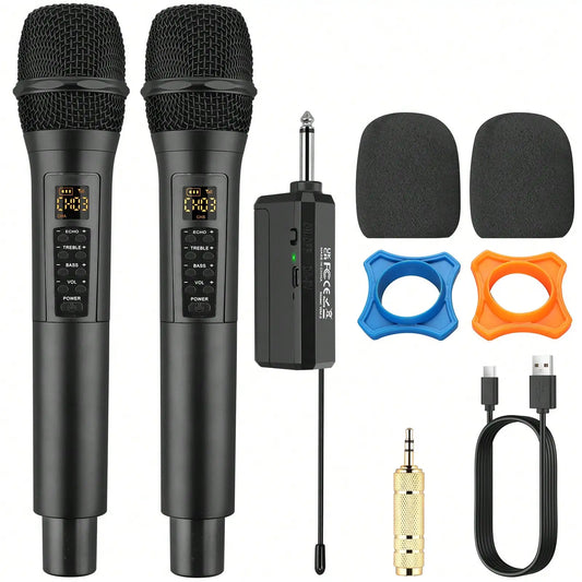 Wireless Microphone Dual UHF Cordless Handheld Dynamic Mic System Set Receiver with Rechargeable Receiver for Karaoke Machines