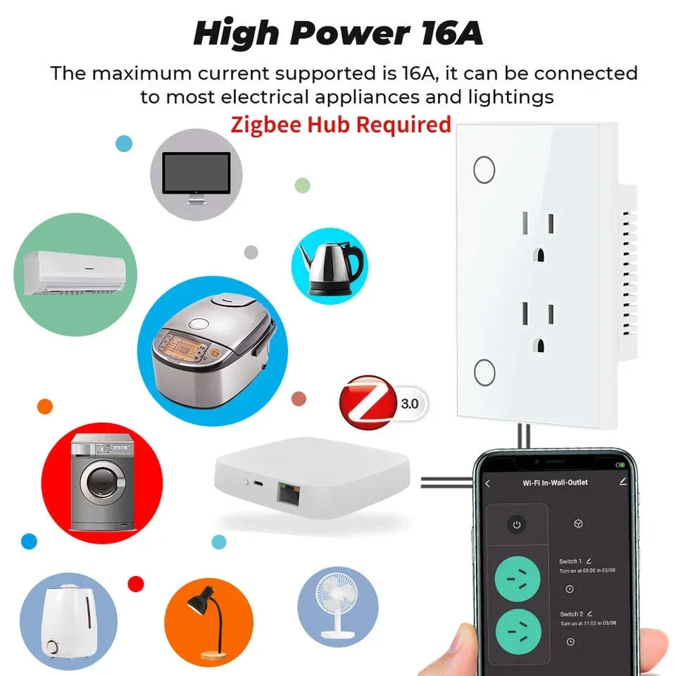 Melery Zigbee Tuya Smart US Electrical Plug 16A Wall Socket Tempered Glass Panel Outlet Timing smart Life App Google Home Alexa