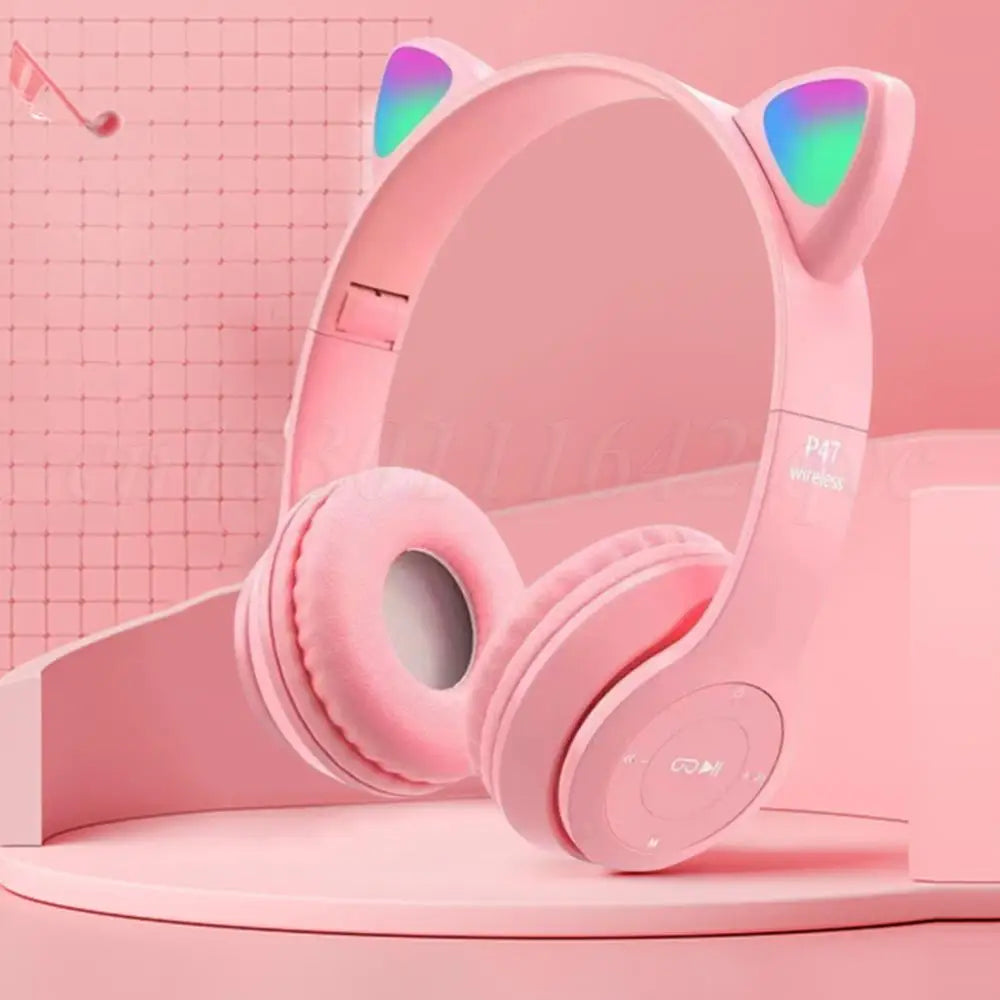 Wireless Headphones Cat Ear Gaming Headset Glow Light Bluetooth-Compatible Helmets Cute Over-Ear Headsets for Kids and Adult