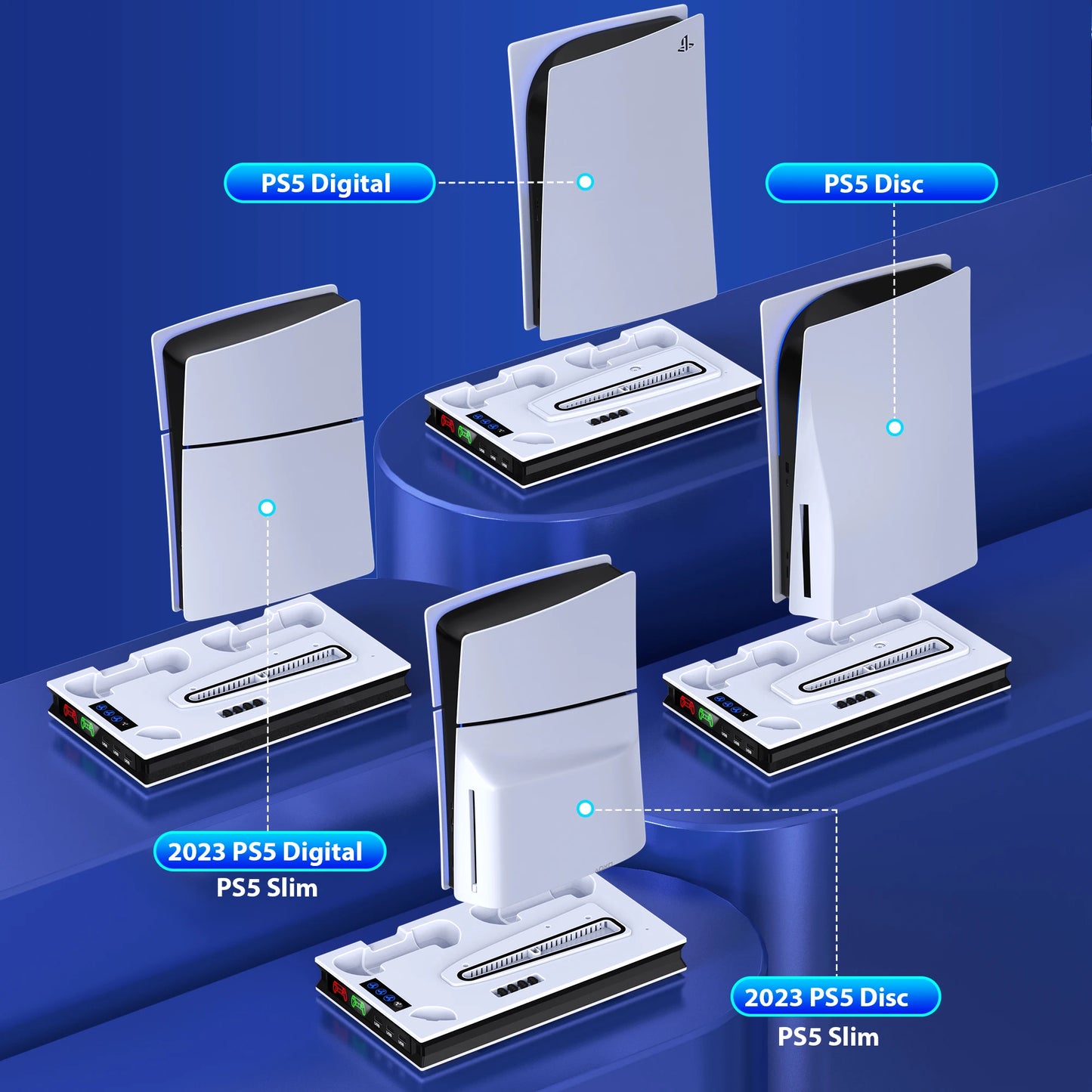 PS5 Stand and Cooling Station with Controller Charging Station for Playsation 5 Slim/PS5 Media Slot for PS5 Disc/Digital Console