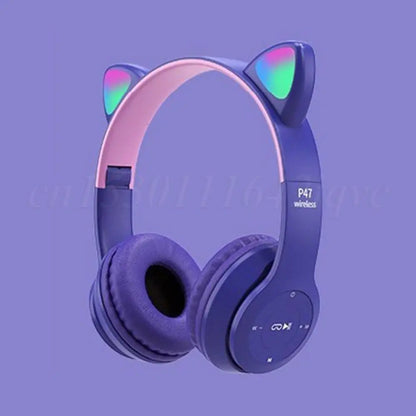 Wireless Headphones Cat Ear Gaming Headset Glow Light Bluetooth-Compatible Helmets Cute Over-Ear Headsets for Kids and Adult