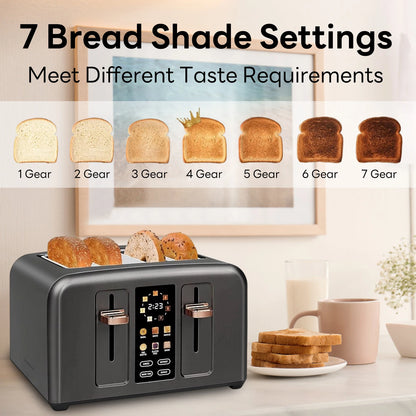 Toaster 4 Slice,Stainless,LCD Display & Touch Buttons,7 Shade Setting,1.4''Wide Slots,Basic & Peculiar Functions,1800w