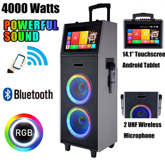 4000W Portable Bluetooth Speaker Dual 10" Subwoofer with 14.1" Touchscreen Tablet Sound System Party DJ karaoke Speaker