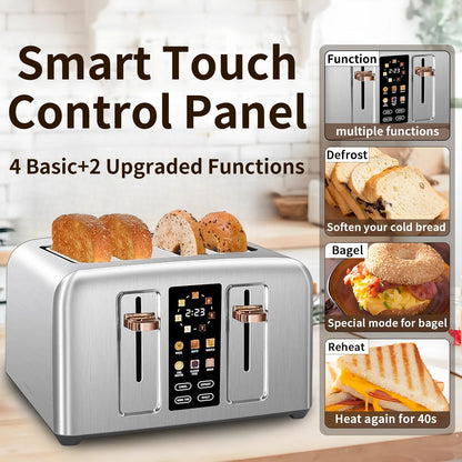 Toaster 4 Slice,Stainless,LCD Display & Touch Buttons,7 Shade Setting,1.4''Wide Slots,Basic & Peculiar Functions,1800w