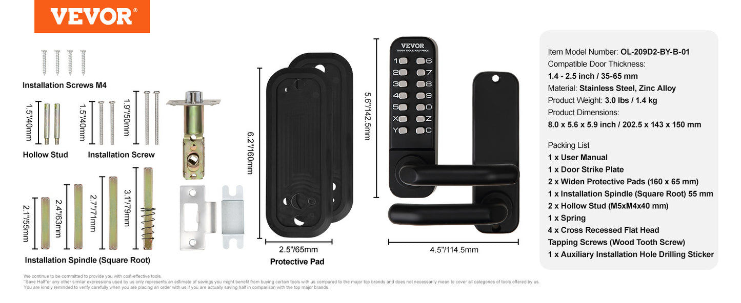 VEVOR Mechanical Keyless Entry Door Lock Single/Double -Sided 14 Digit Keypad and Handle Embedded