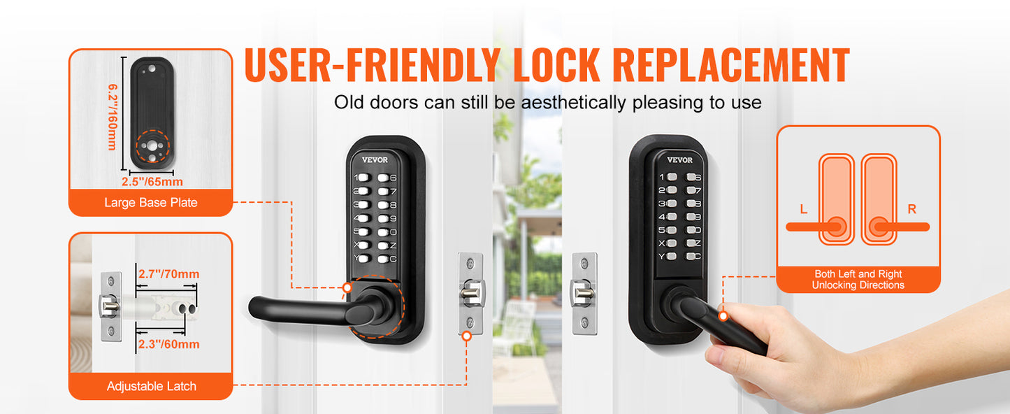 VEVOR Mechanical Keyless Entry Door Lock Single/Double -Sided 14 Digit Keypad and Handle Embedded